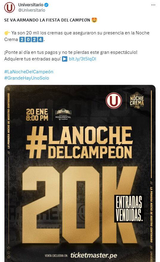 Así va la venta de entradas para la Noche Crema 2024. (Foto: Twitter)