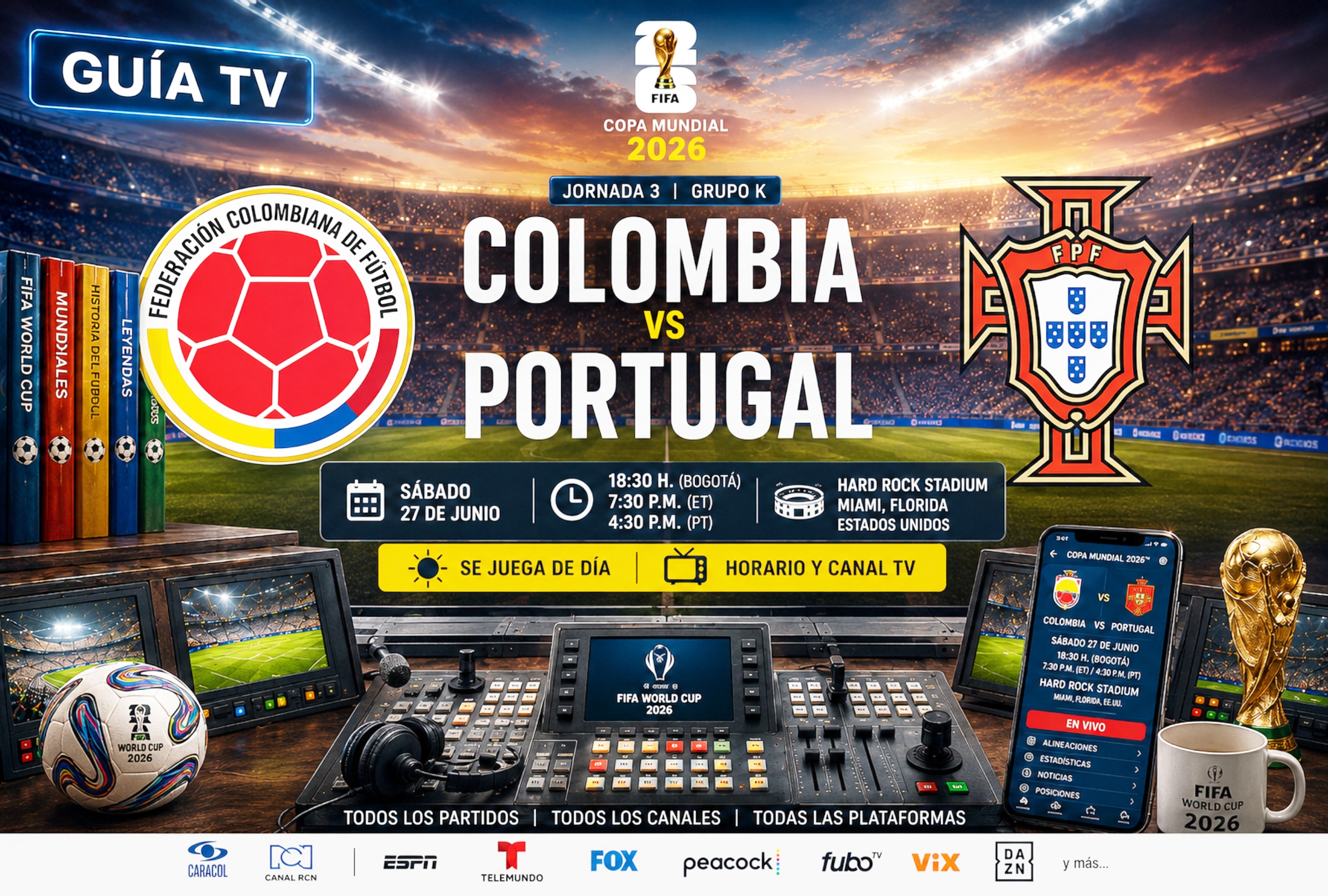 MIAMI, FLORIDA (ESTADOS UNIDOS), 27/06/2026.- Lista de canales de TV y servicios streaming para ver el partido Colombia vs. Portugal hoy por la Jornada 3 del grupo K del Mundial 2026 en el Hard Rock Stadium de Miami, Florida. FOTO DE NOÉ YACTAYO