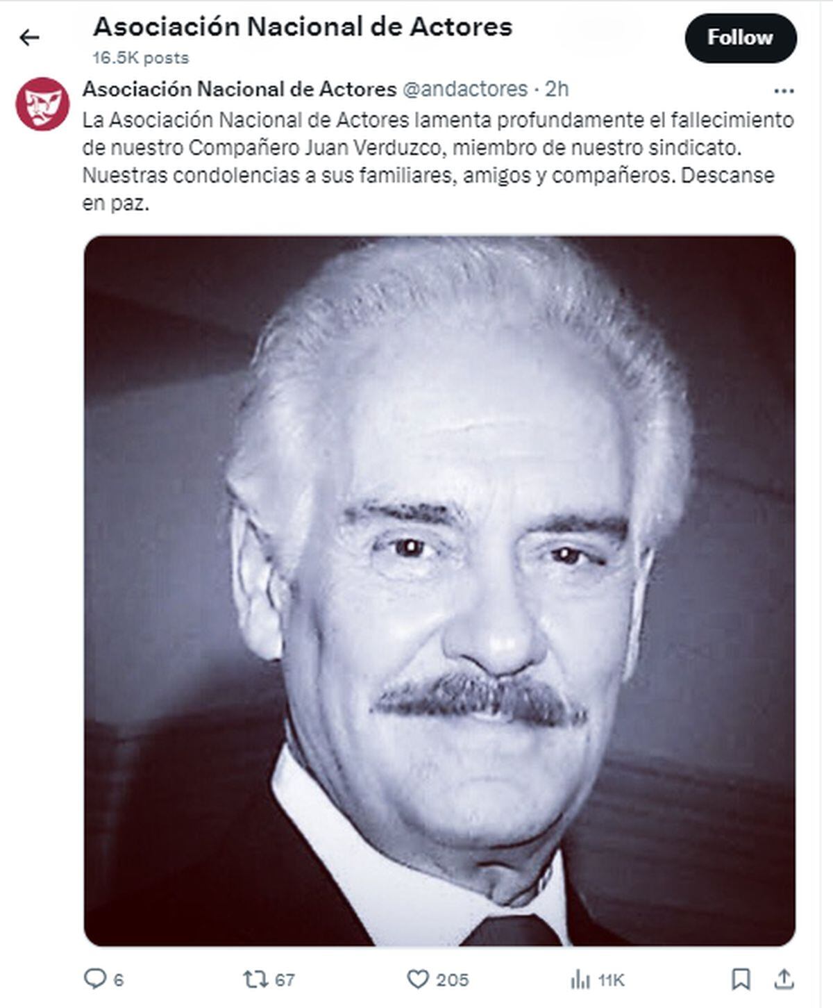 Comunicado de la Asociación Nacional de Actores por la muerte de Juan Verduzco (Foto: ANDA / X)