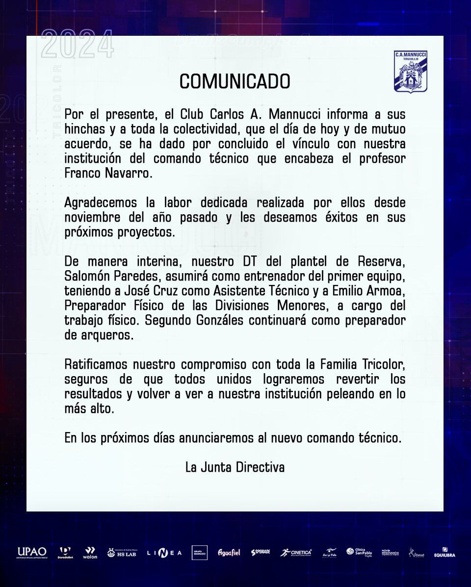 Comunicado de Carlos Mannucci sobre la salida de Franco Navarro.