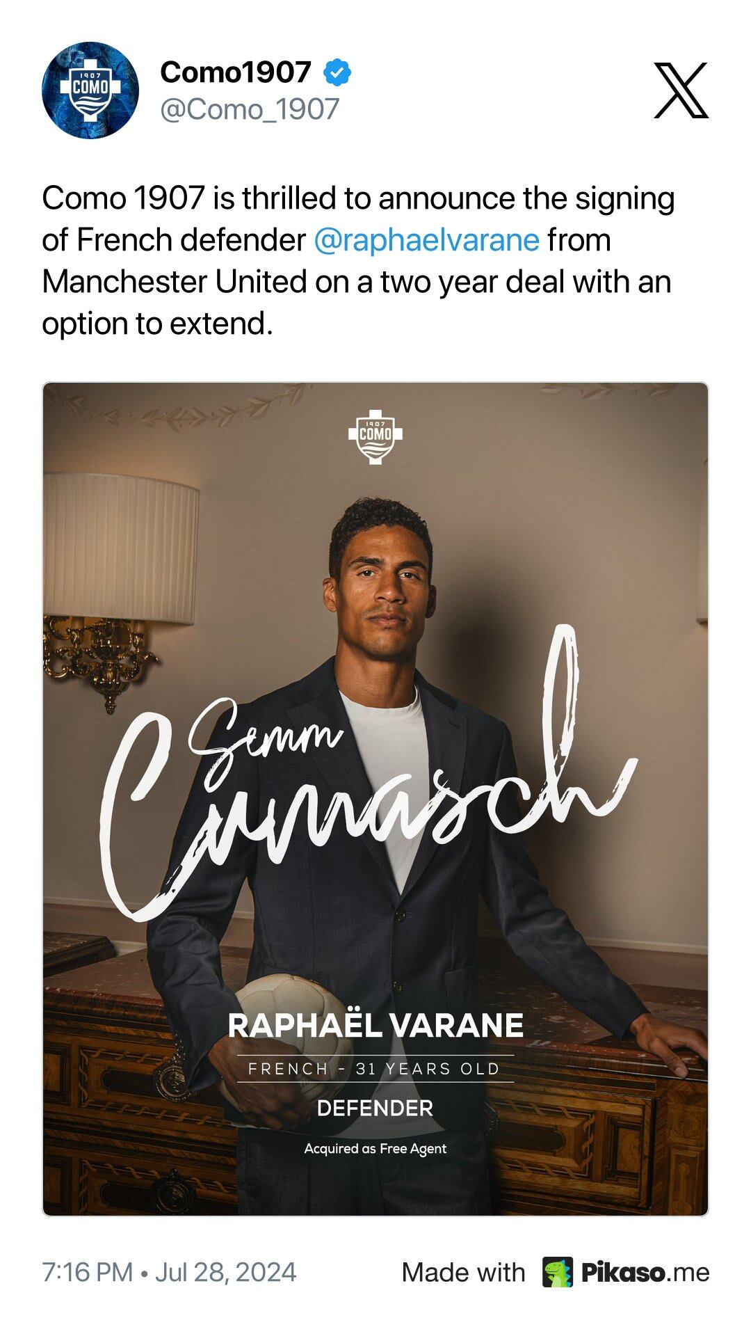 Raphael Varane anunciado nuevo fichaje del Como. (Twitter/X)