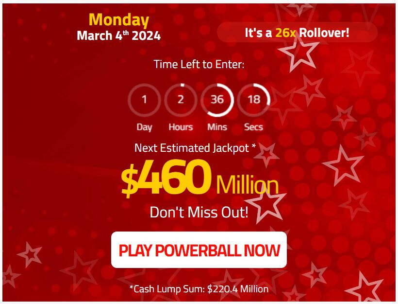 Jackpot de Powerball para hoy, 4 de marzo (Foto: Powerball.net)