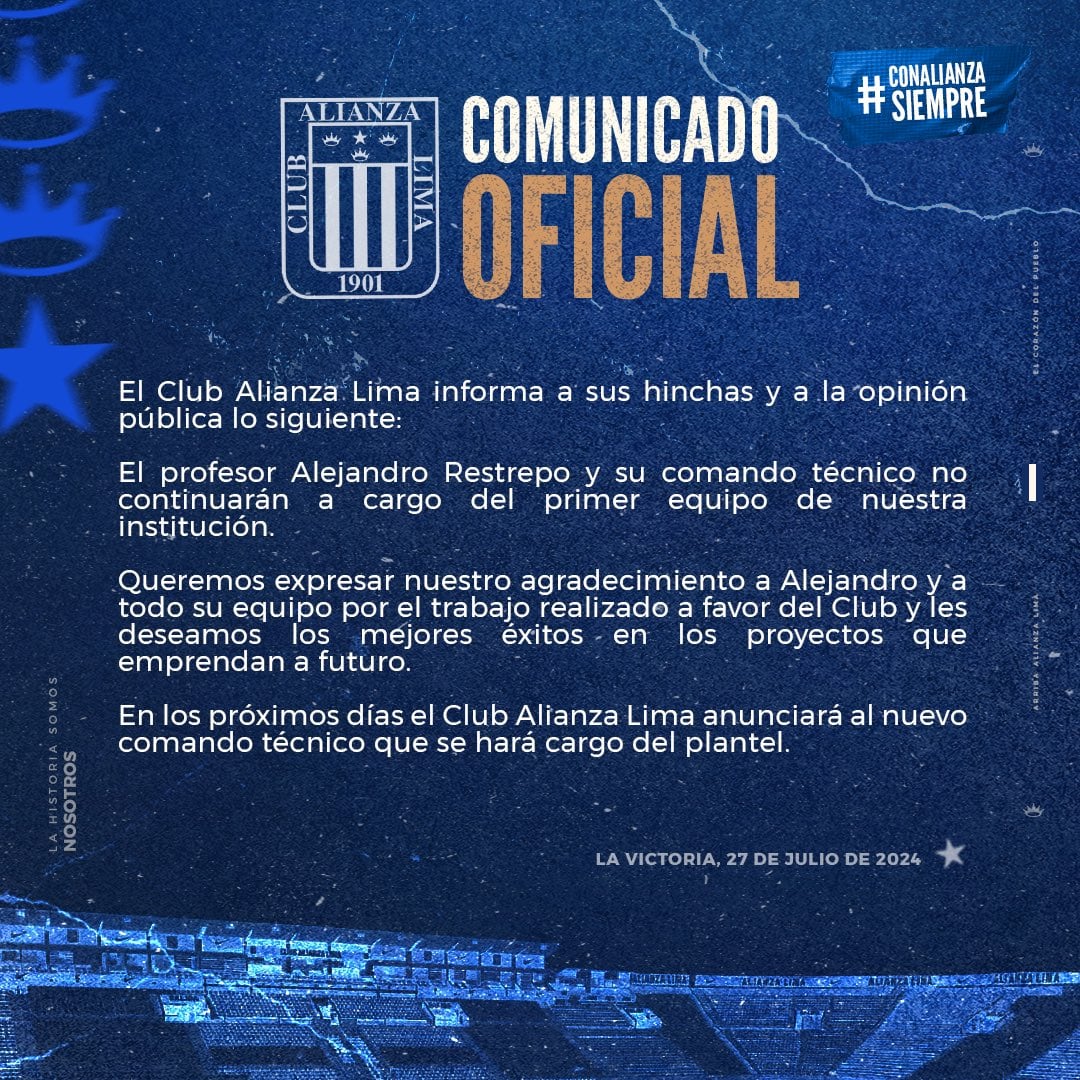 El comunicado de Alianza Lima que confirma la salida de Alejandro Restrepo. (Imagen: Alianza Lima)
