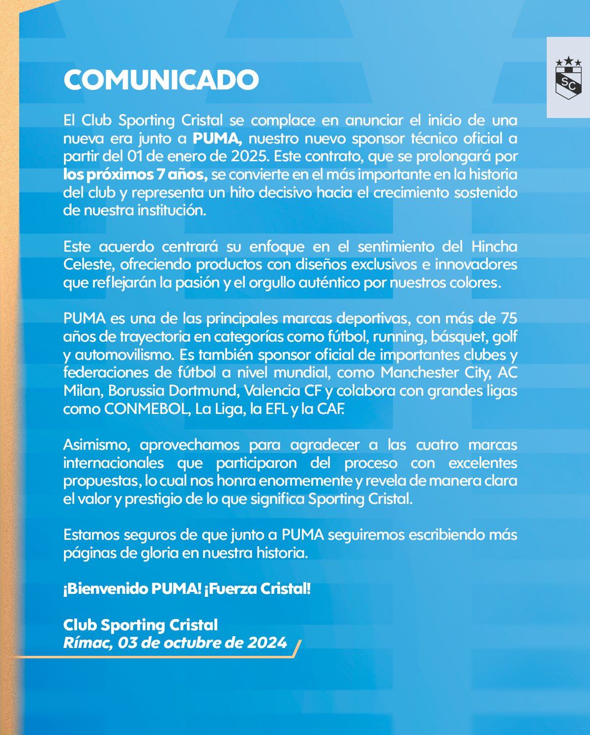 Comunicado oficial de Cristal sobre el nuevo sponsor para sus camisetas. (Sporting Cristal)