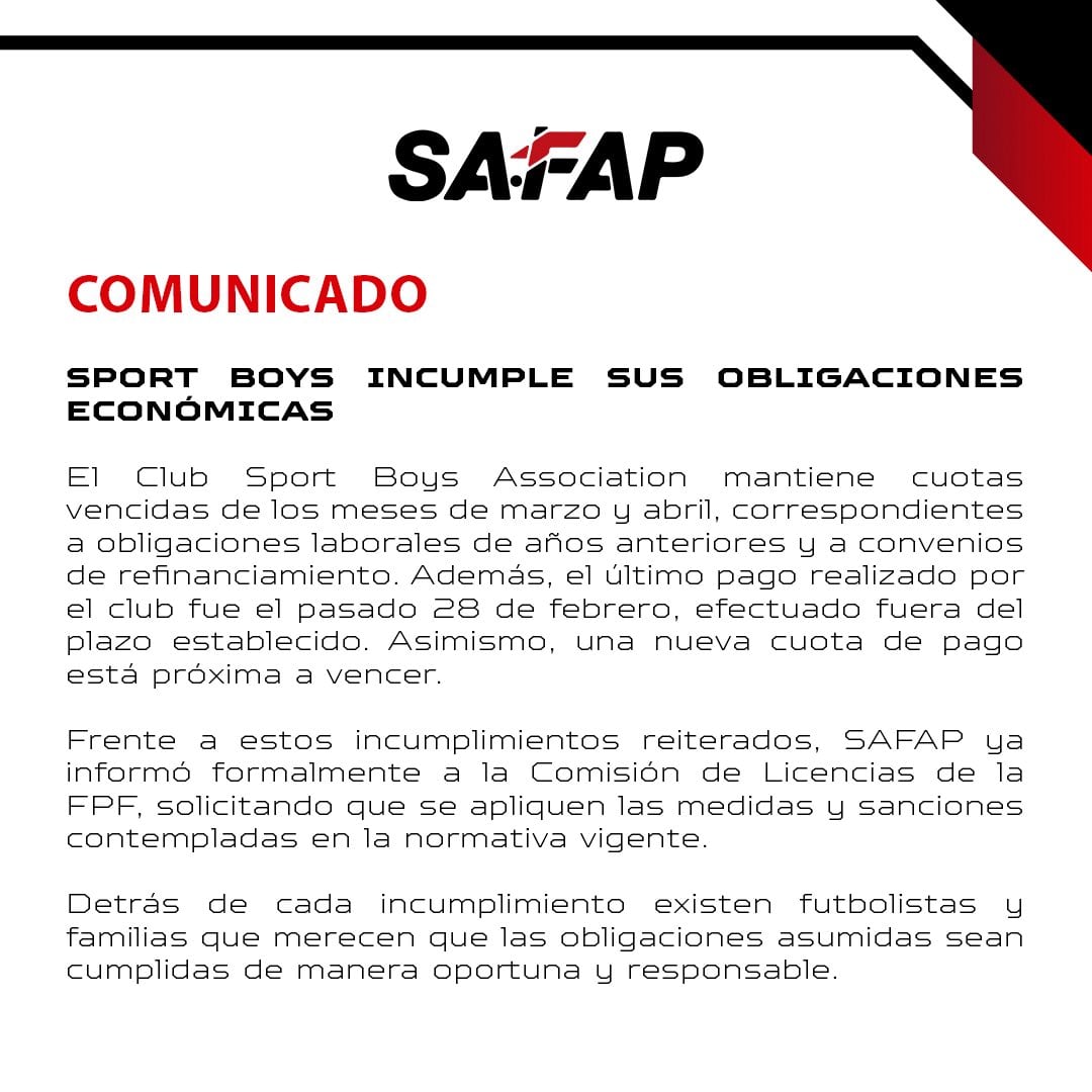 Comunicado de Safap sobre incumplimientos de Sport Boys. (Foto: @SafapPeru)
