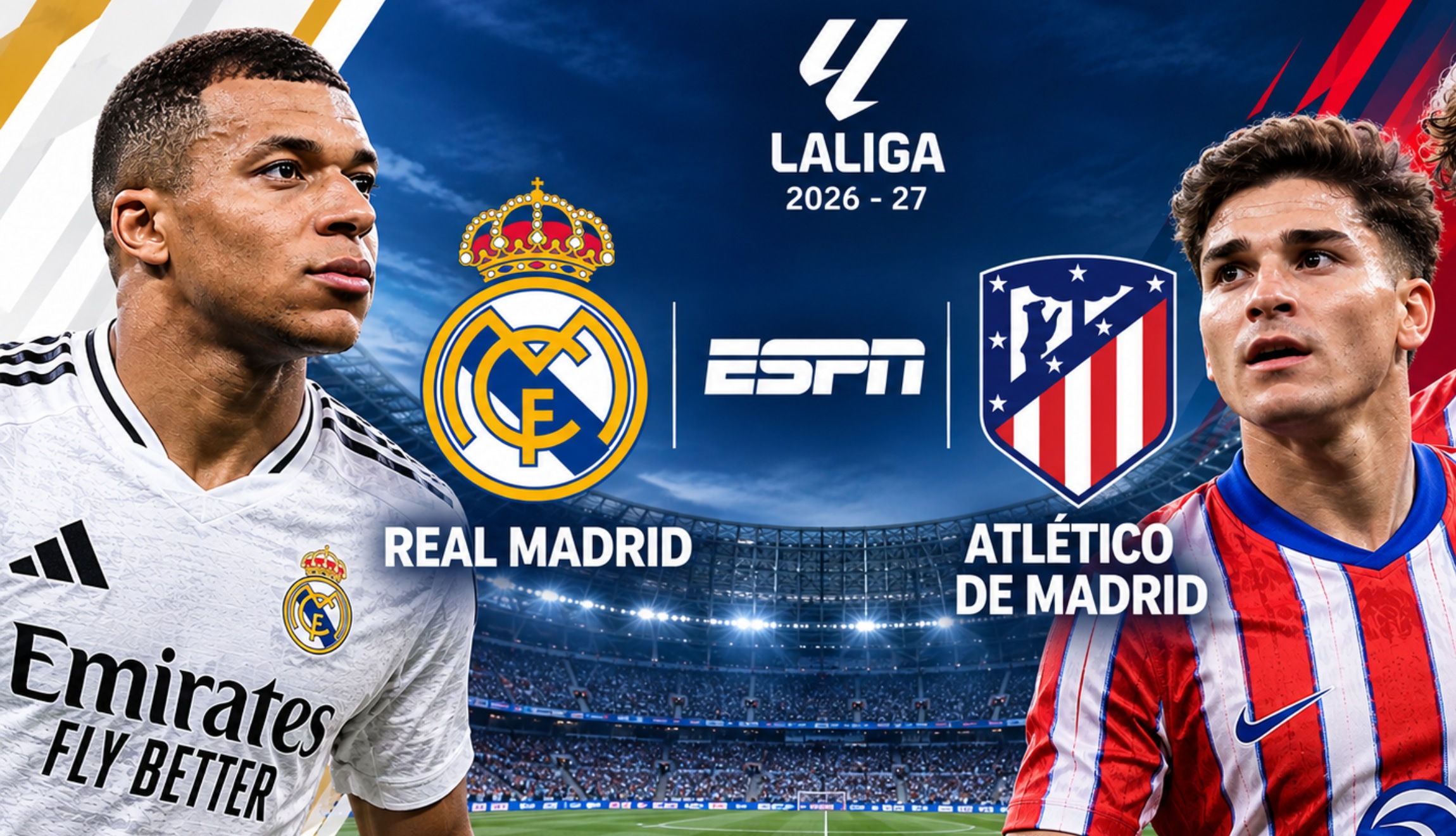 Señal de ESPN y Disney Plus para ver Real Madrid vs. Atlético de Madrid, por la Jornada 7 de LaLiga 2026-27, desde el Riyadh Air Metropolitano. (Foto: Imagen creada por Depor utilizando la IA de Chat GPT)