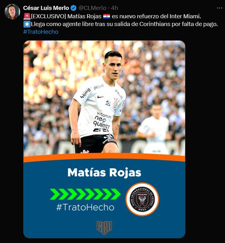 Periodista Cesar Merlo confirmó que Rojas es nuevo jugador de Inter Miami para este 2024. (Foto: X).
