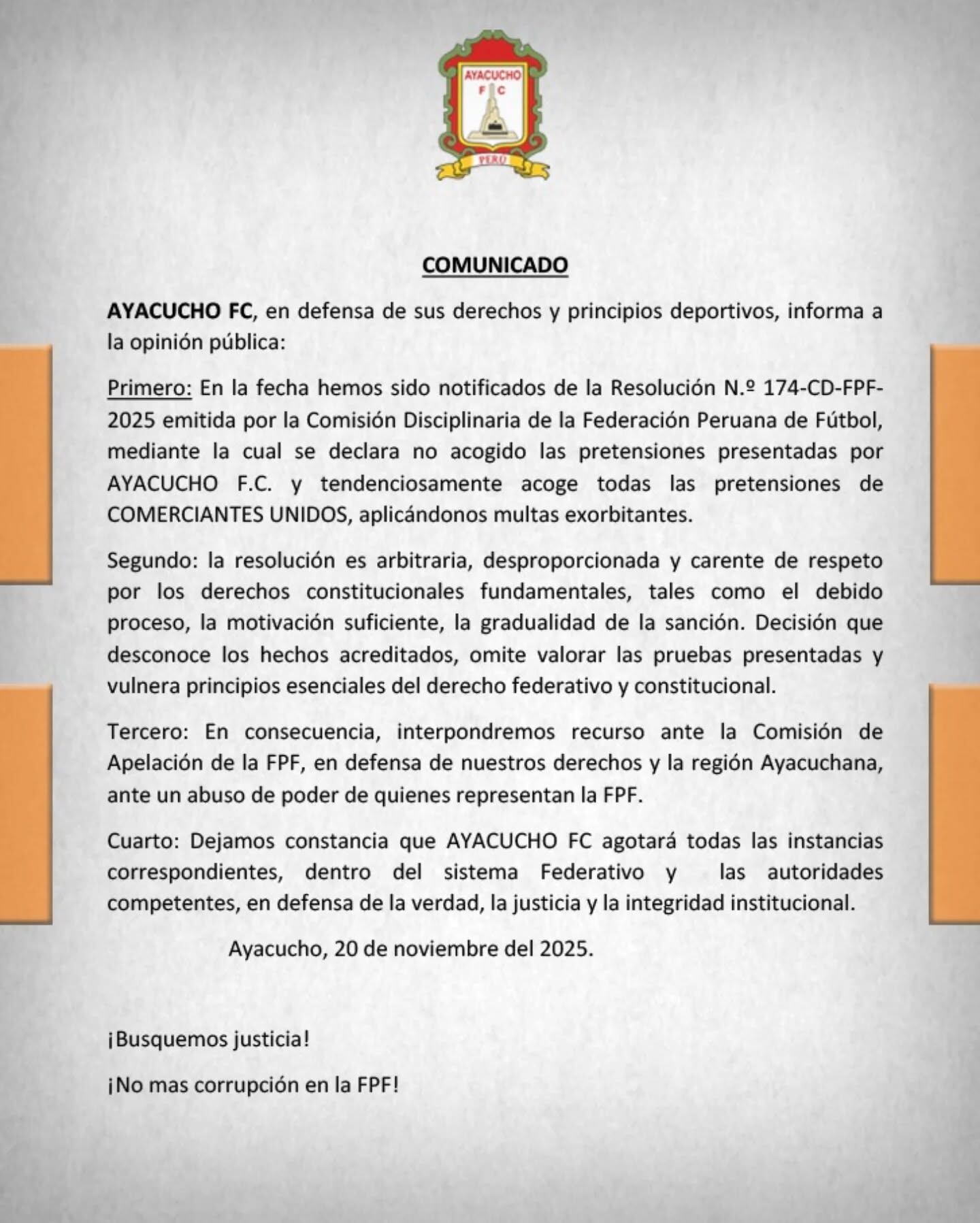 Ayacucho FC respondió a Comisión de Disciplina de FPF. (Foto: Ayacucho FC)