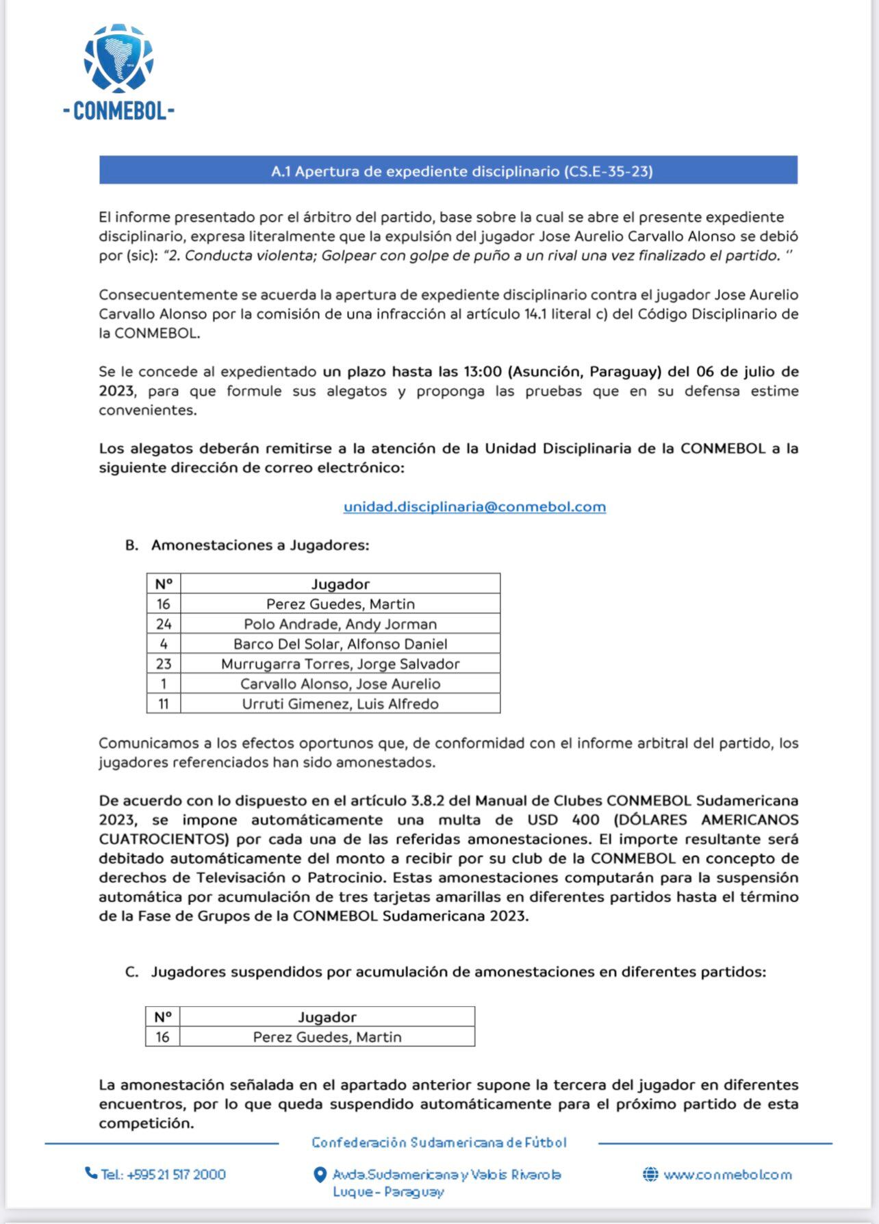 Las medidas disciplinarias de la Conmebol tras la batalla campal entre Universitario vs. Gimnasia. (Foto: Conmebol)