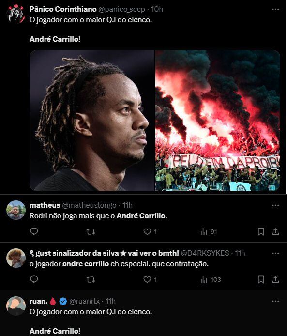 Los elogios de los hinchas de Corinthians para André Carrillo.