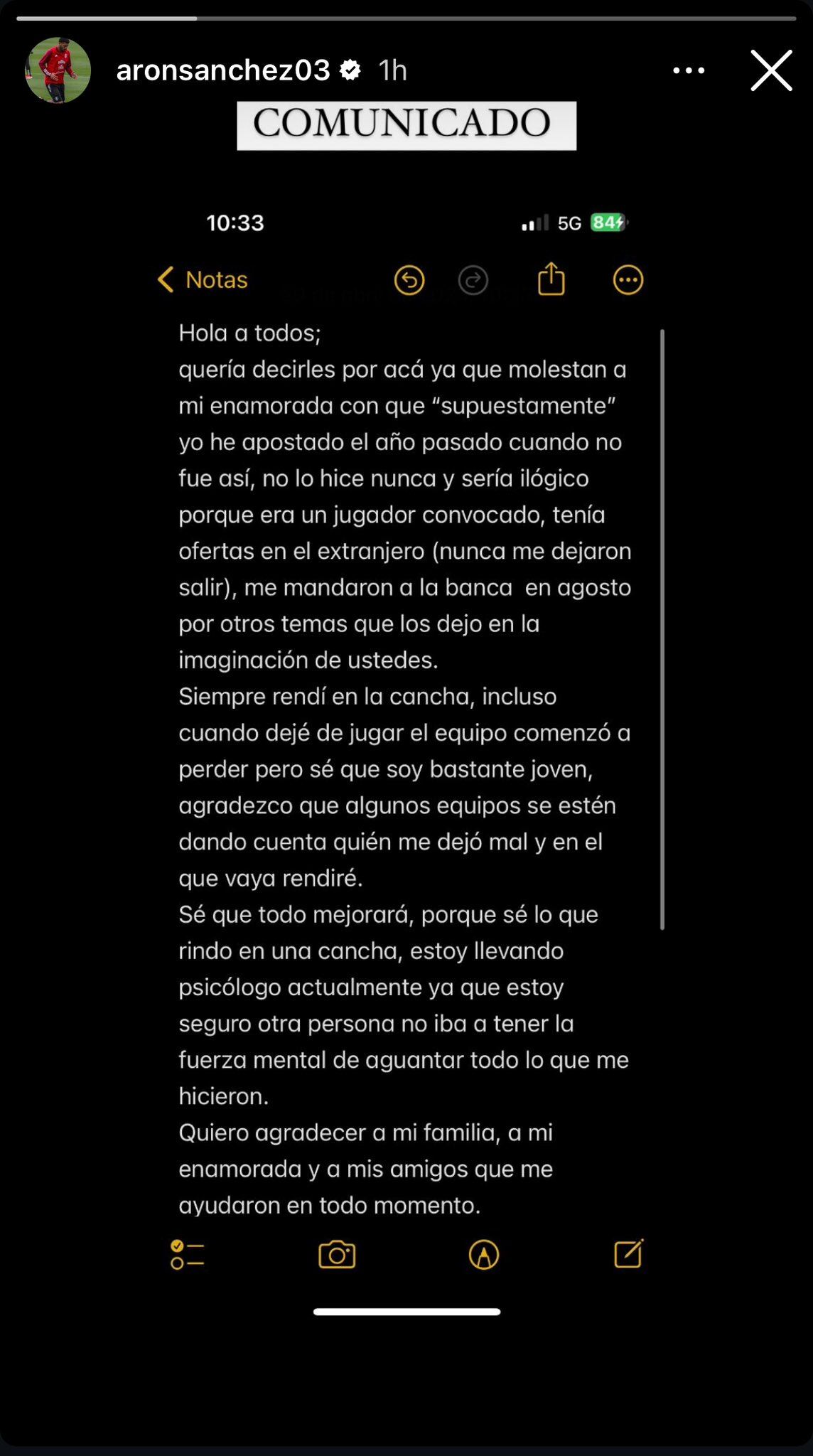 Comunicado de Arón Sánchez en sus redes sociales. (Foto: Captura de IG)