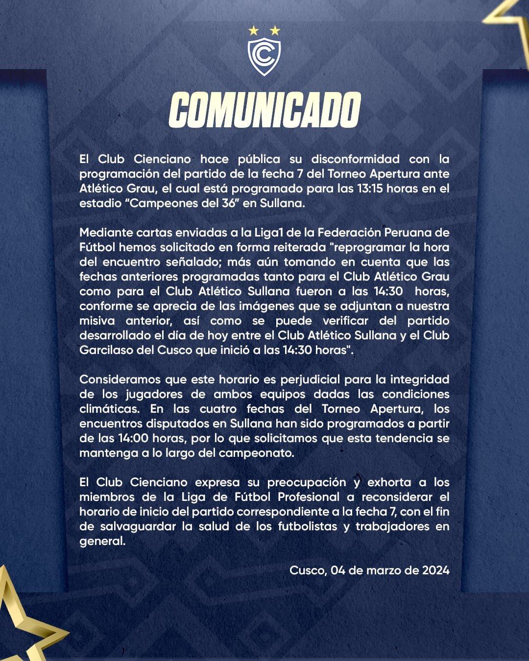 Comunicado de Cienciano respecto a su partido en Sullana. (Imagen: Cienciano)
