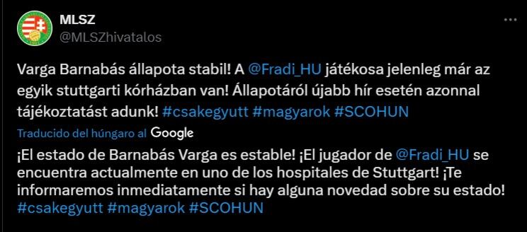 Federación de Fútbol de Hungría informó el estado de Barnabás Varga. (Foto: @MLSZhivatalos).