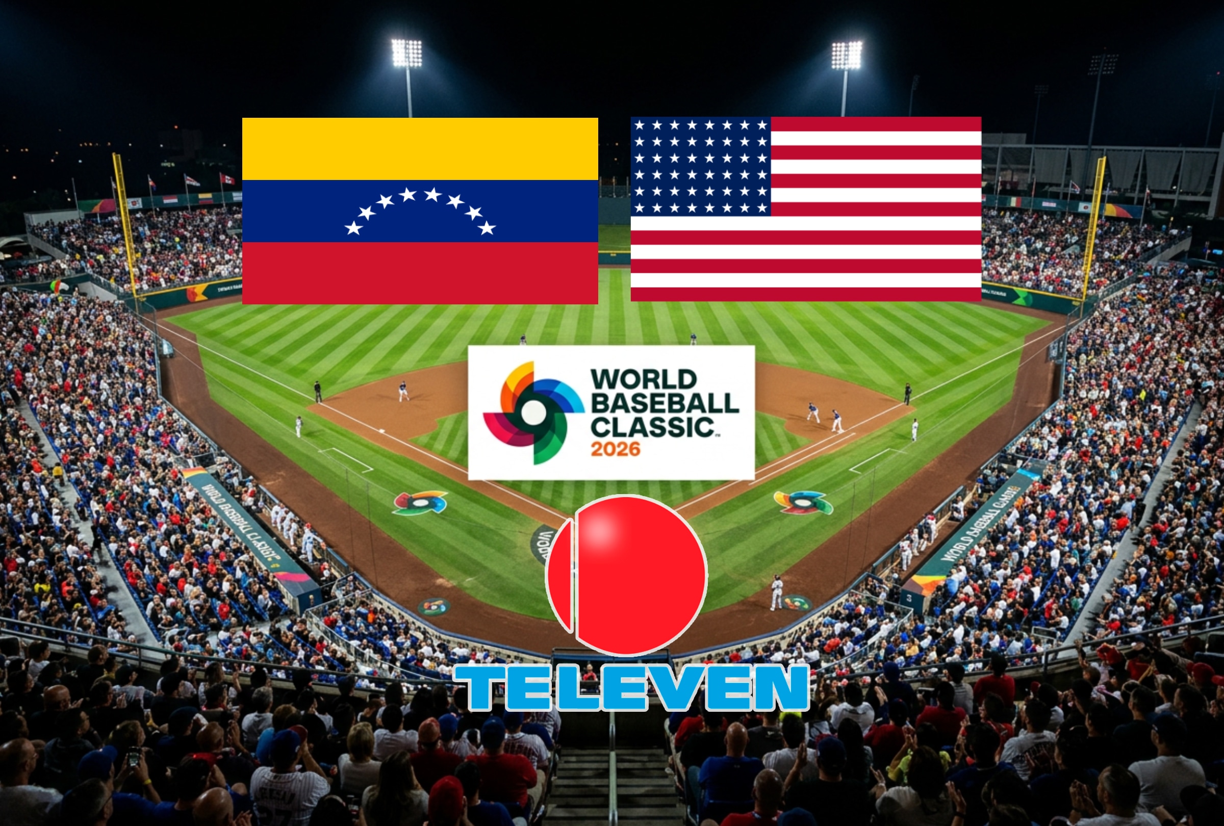 MIAMI, FLORIDA (ESTADOS UNIDOS), 17/03/2026.- Cobertura oficial de Televen EN VIVO GRATIS para ver el juego entre Venezuela y Estados Unidos este martes 17 de marzo por la gran final del Clásico Mundial de Béisbol 2026 desde el LoanDepot de Miami, Florida. FOTO CREADA POR NOÉ YACTAYO CON CHATGPT PARA DEPOR.COM