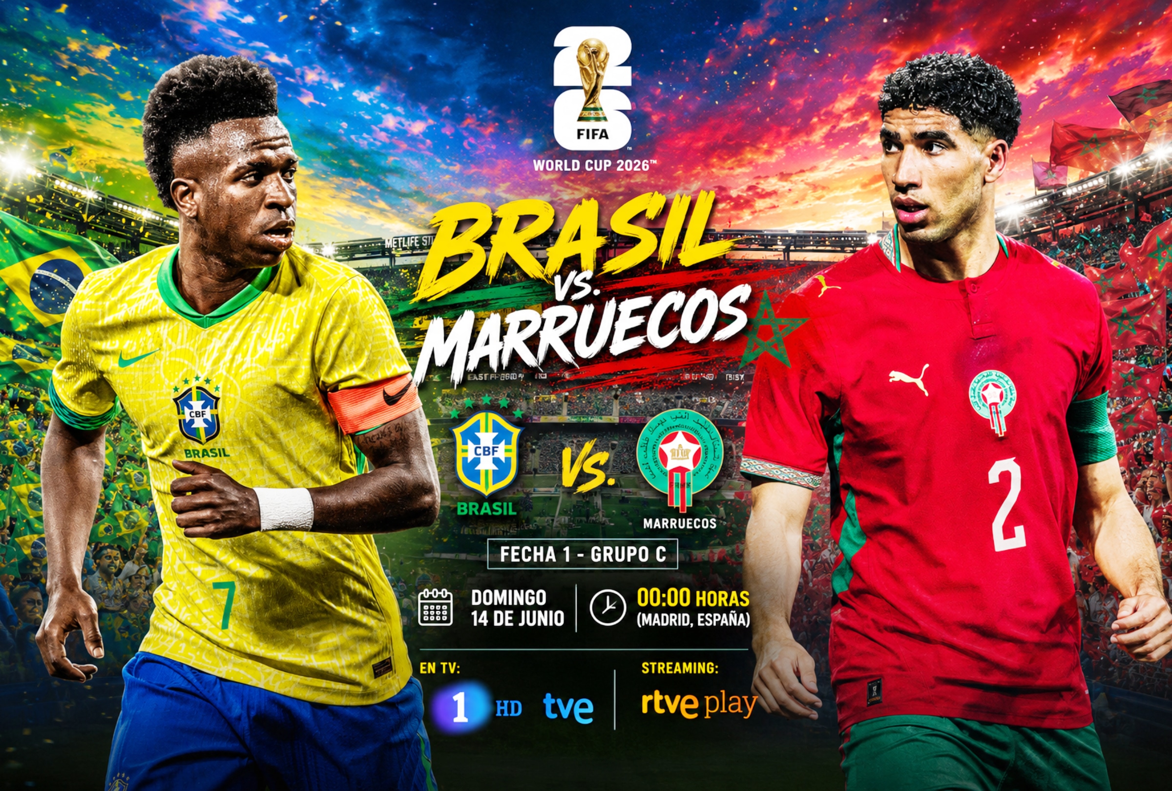 EAST RUTHERFORD, NUEVA YORK (ESTADOS UNIDOS), 14/06/2026.- Cobertura oficial de Canal La 1 HD y RTVE Play EN DIRECTO ONLINE para ver el partido Brasil vs. Marruecos hoy por la jornada 1 del grupo C en el MetLife Stadium de East Rutherford, Nueva York. FOTO DE NOÉ YACTAYO