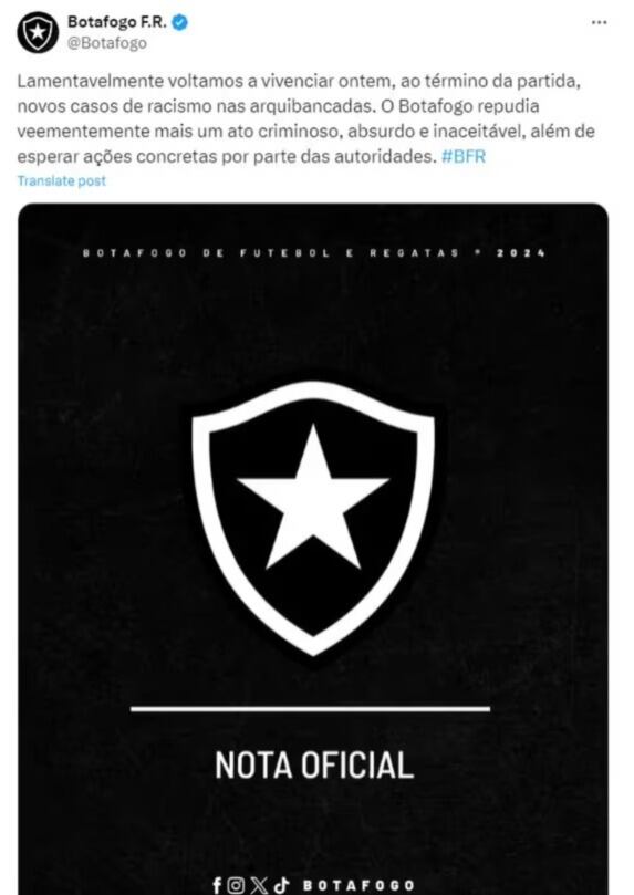 Comunicado de Botafogo sobre los gestos racistas de los hinchas de Universitario. (Foto: @Botafogo).