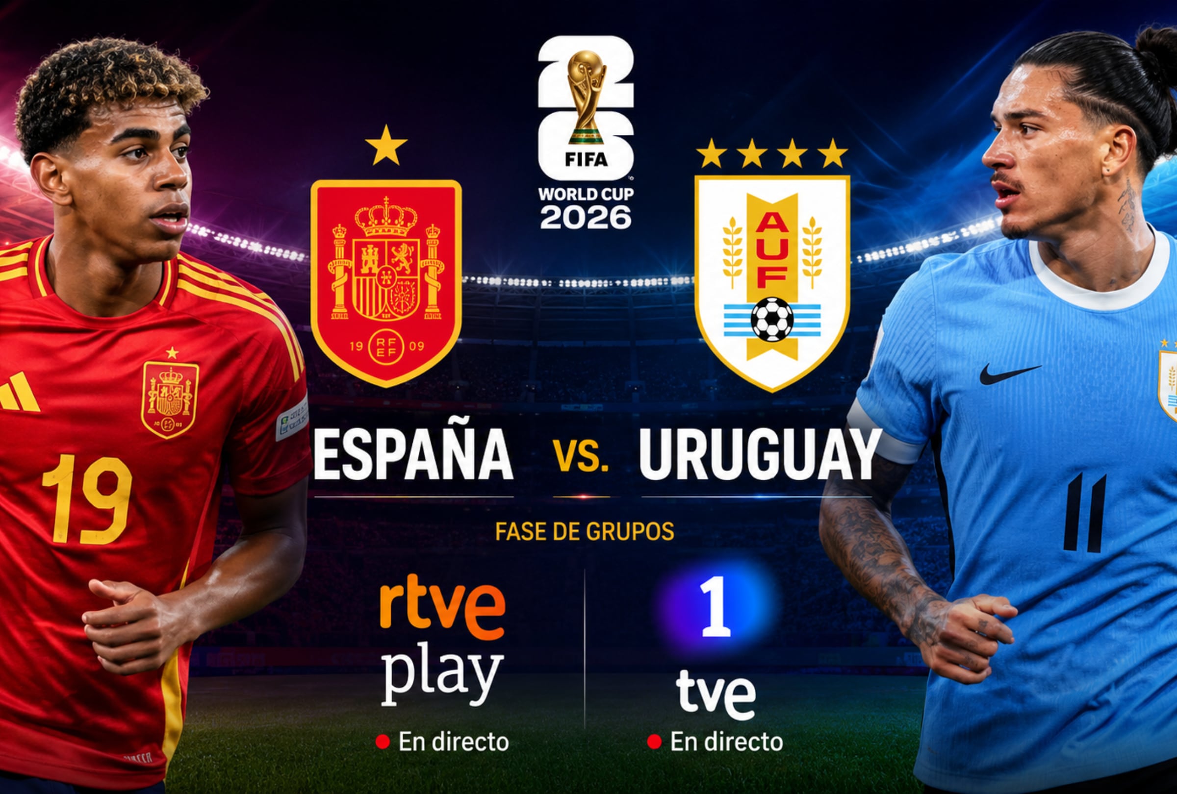 Señal de La 1 TVE y RTVE Play para seguir en directo el partido España - Uruguay, de este sábado 27 de junio, por la Jornada 3 del Grupo H del Mundial 2026. (Foto: Imagen creada por El Comercio MAG utilizando la IA de Chat GPT)