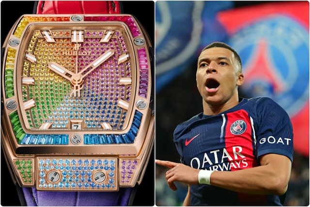 Kylian Mbappé | Reloj: Hublot Spirit of Big Bang King Gold Rainbow (641.OX.0110.LR.0999)
| Características: oro King Gold, una aleación especial de oro y platino, y engasta numerosas piedras preciosas de colores | Valor: 86.800 euros.