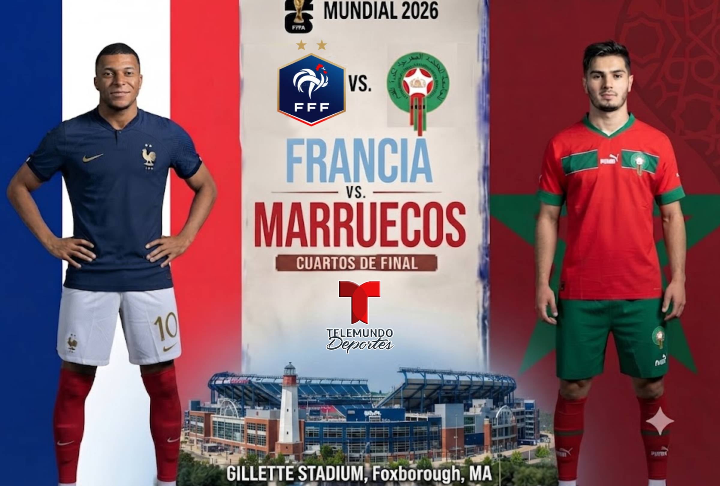 FOXBOROUGH, MASSACHUSETTS, (ESTADOS UNIDOS), 09/07/2026.- Telemundo Deportes transmitirá EN VIVO y GRATIS el partido de Francia vs. Marruecos EN VIVO por los cuartos de final del Mundial 2026 en el Gillette Stadium (Boston Stadium) en Foxborough, Massachusetts, Estados Unidos. FOTO: Imagen creada por Gemini.