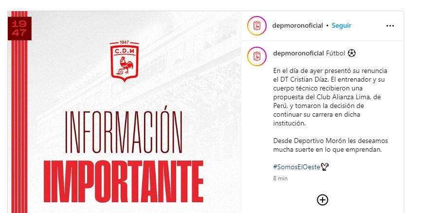 Comunicado de Deportivo Morón sobre la salida de Cristian Díaz. (Deportivo Morón)