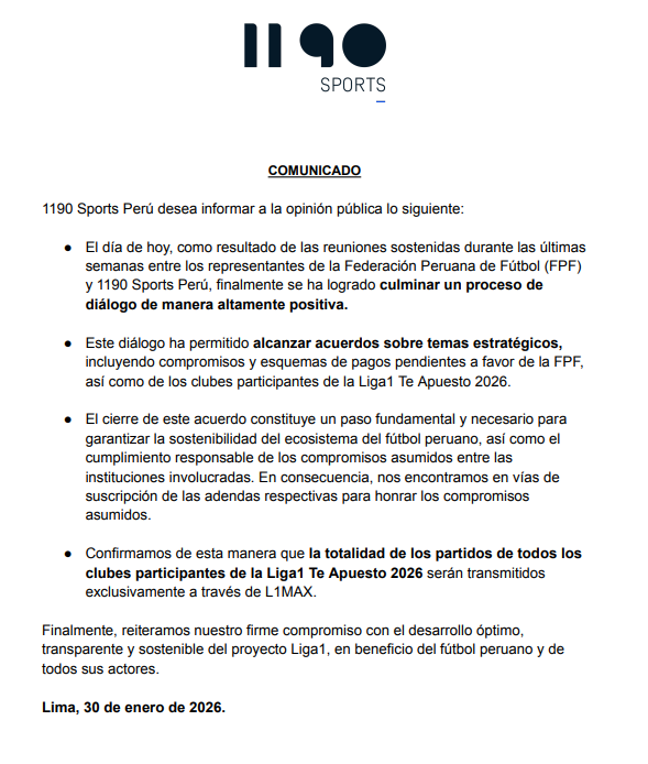 1190 Sports se pronunció sobre la falta de derechos televisivos de la Liga 1 2026. (Foto: Documento)
