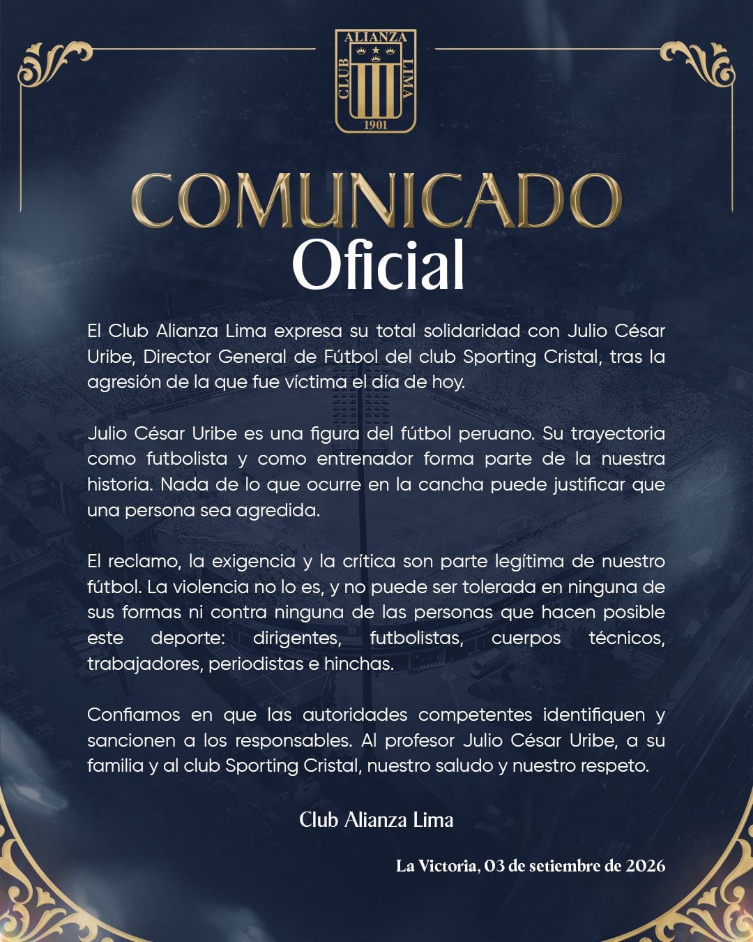 Alianza Lima envió comunicado oficial sobre los actos de violencia contra Julio César Uribe. (Foto: X)