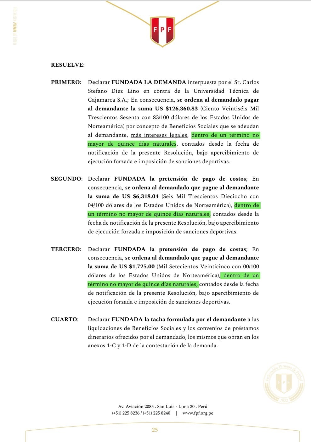 Resolución de la Cámara de Conciliación y Disputas de la Federación Peruana de Fútbol.