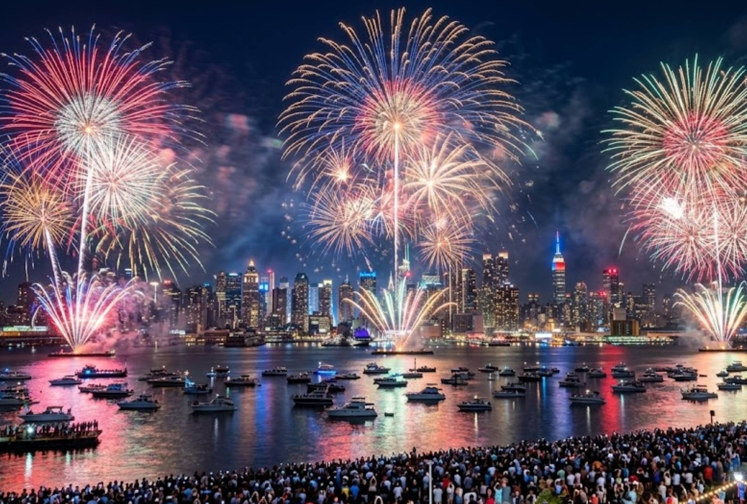 New York, United States. Everything you need to know about this 4th of July fireworks show in New York. Image created by Gemini