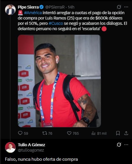 Tulio Gómez, accionistas del América de Cali, habló sobre Luis Ramos. (Imagen: Captura de X)