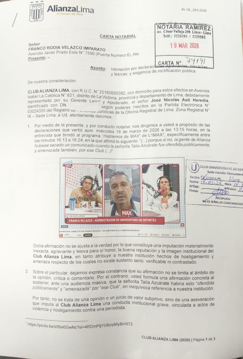 Carta Notarial de Alianza Lima en contra de Franco Velazco. (Foto: Linkeados)