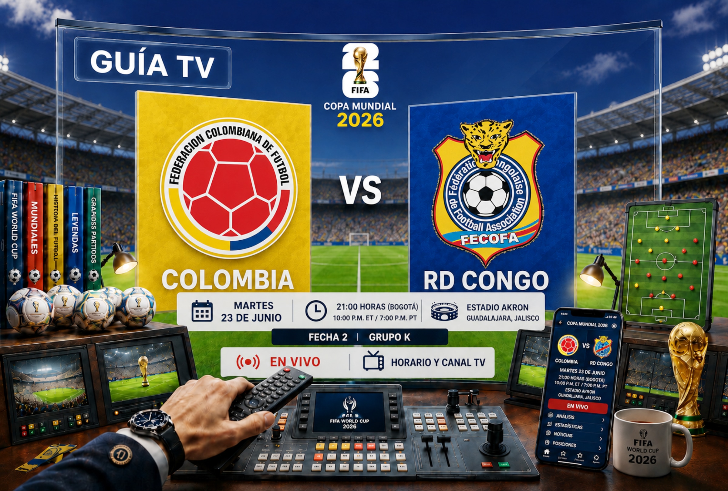 GUADALAJARA, JALISCO (MÉXICO), 23/06/2026.- Lista de horarios y canales de televisión en diferentes países del mundo para ver el partido Colombia vs. RD Congo este martes 23 de junio por la Jornada 2 del grupo K del Mundial 2026 en el Estadio Akron de Guadalajara, Jalisco. FOTO DE NOÉ YACTAYO