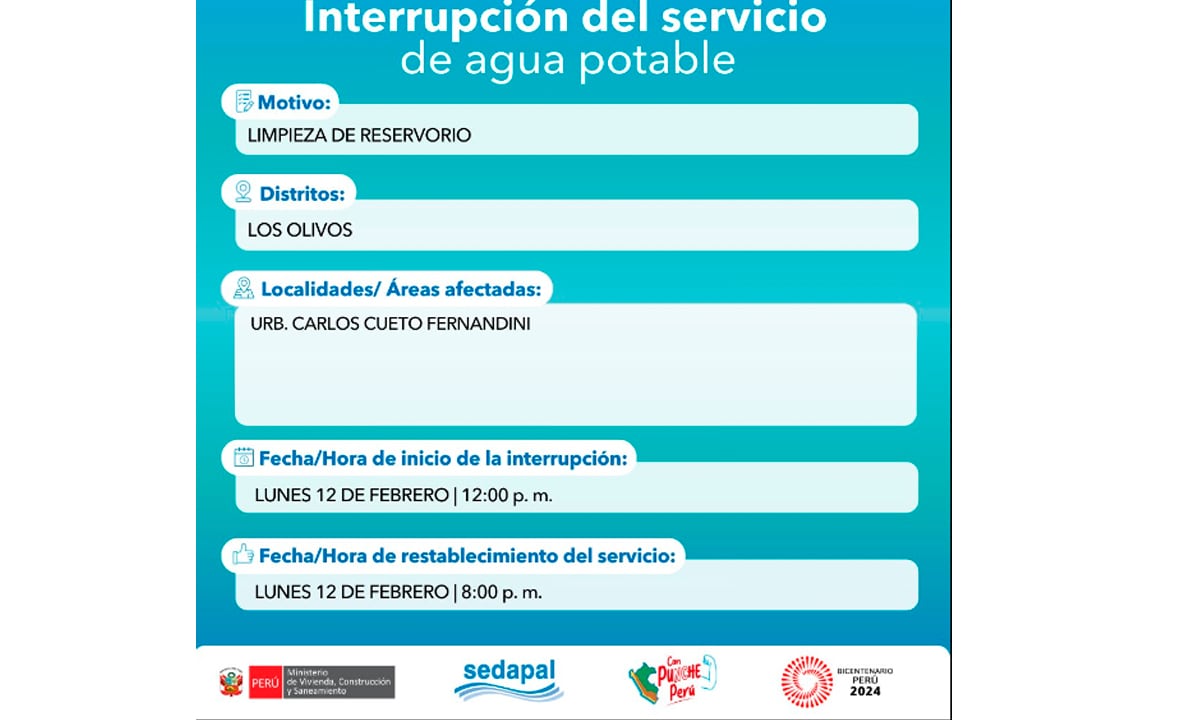 Sedapal informó qué distritos no tendrán agua este lunes 12 de febrero. (Foto: Twitter)