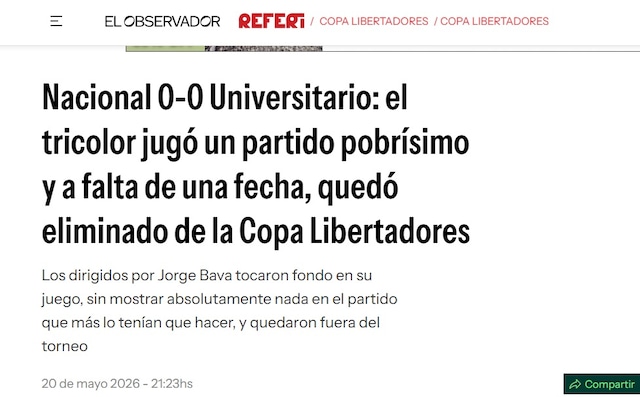 La reacción de la prensa uruguaya al empate entre Universitario vs. Nacional por la Copa Libertadores 2026. (Imagen: Captura)