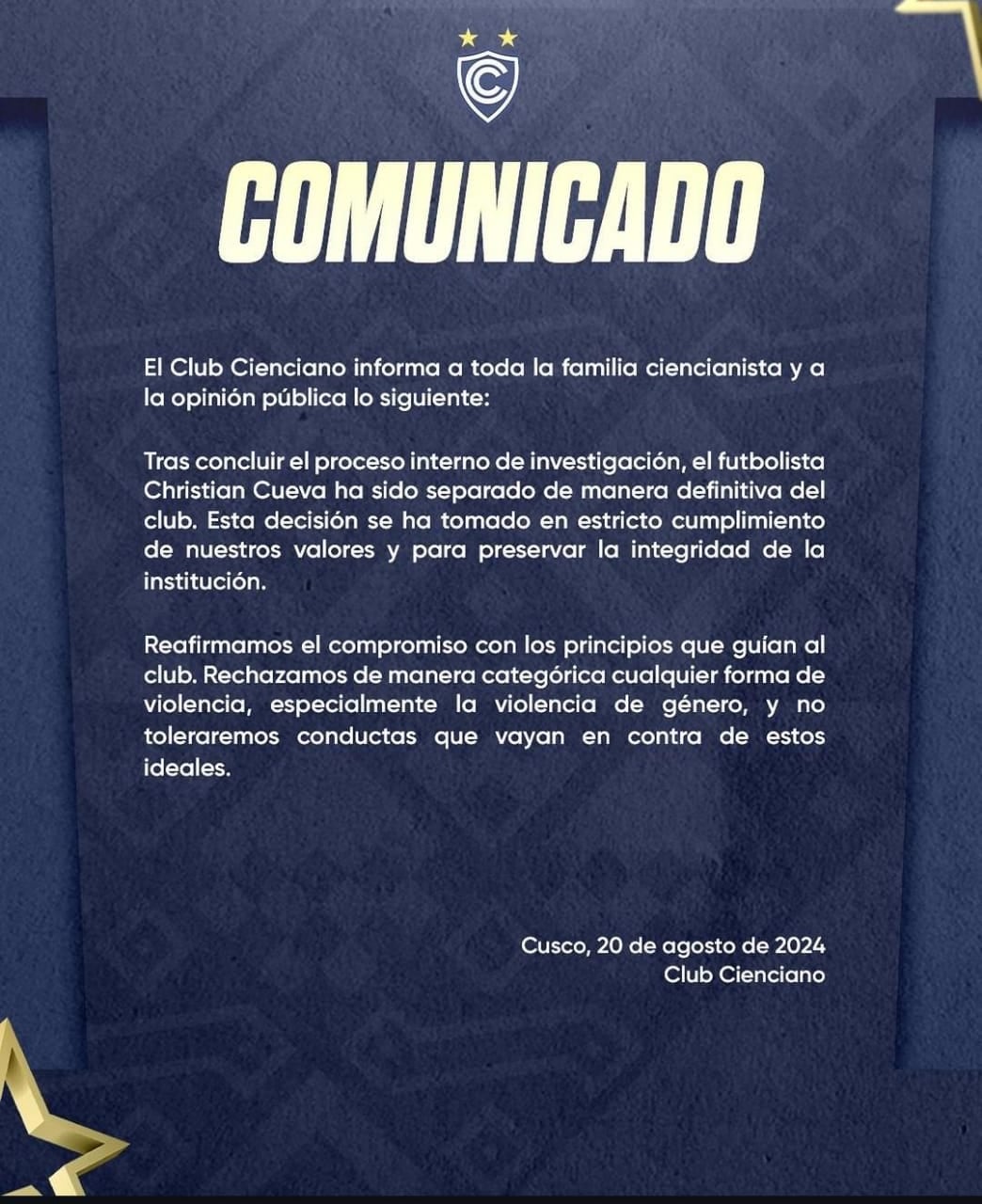 Cienciano separó a Christian Cueva del club. (Foto: Cienciano)