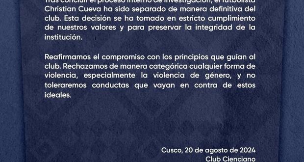 Cienciano separó a Christian Cueva del club. (Foto: Cienciano)