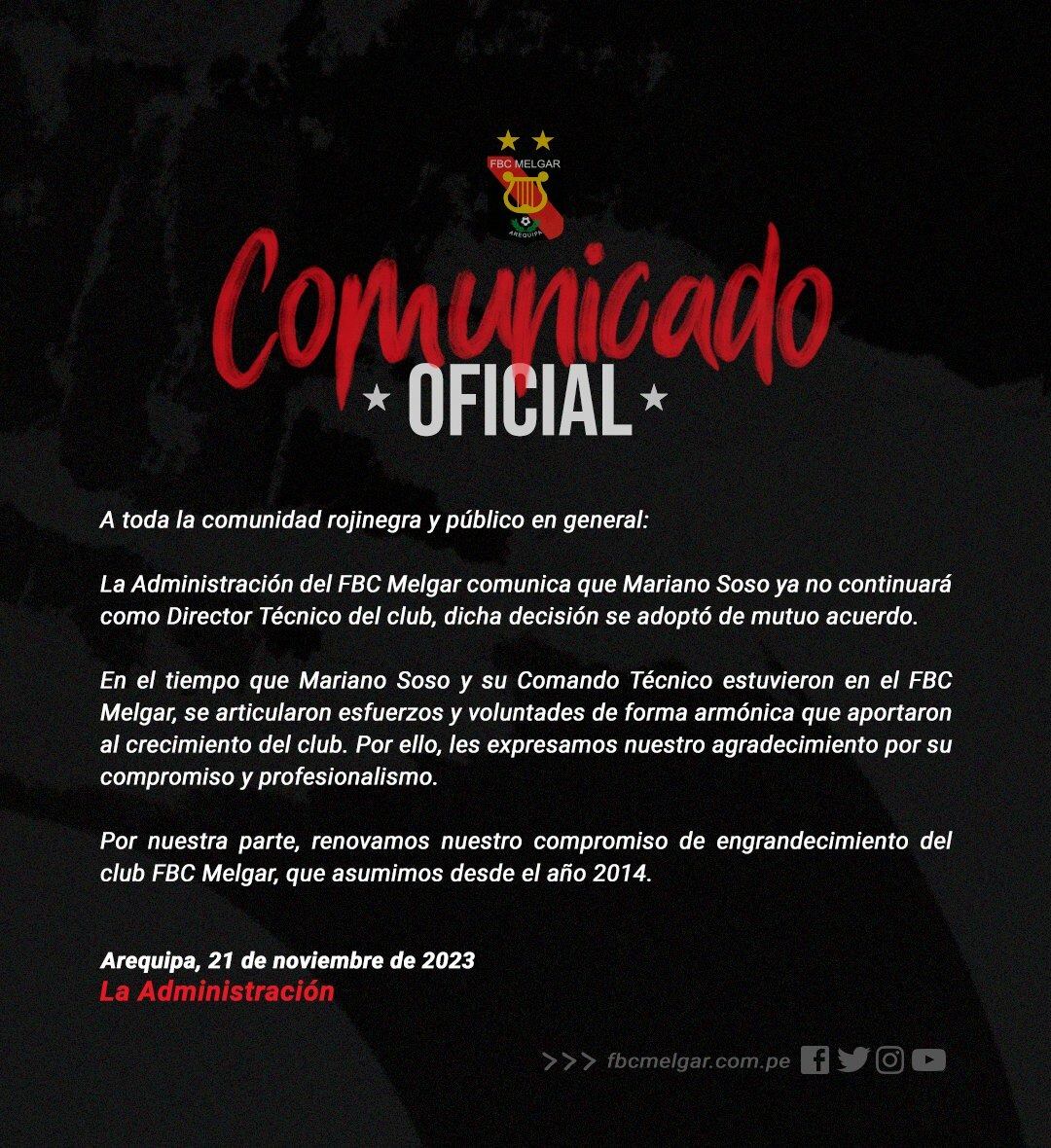 El comunicado de Melgar sobre Mariano Soso.