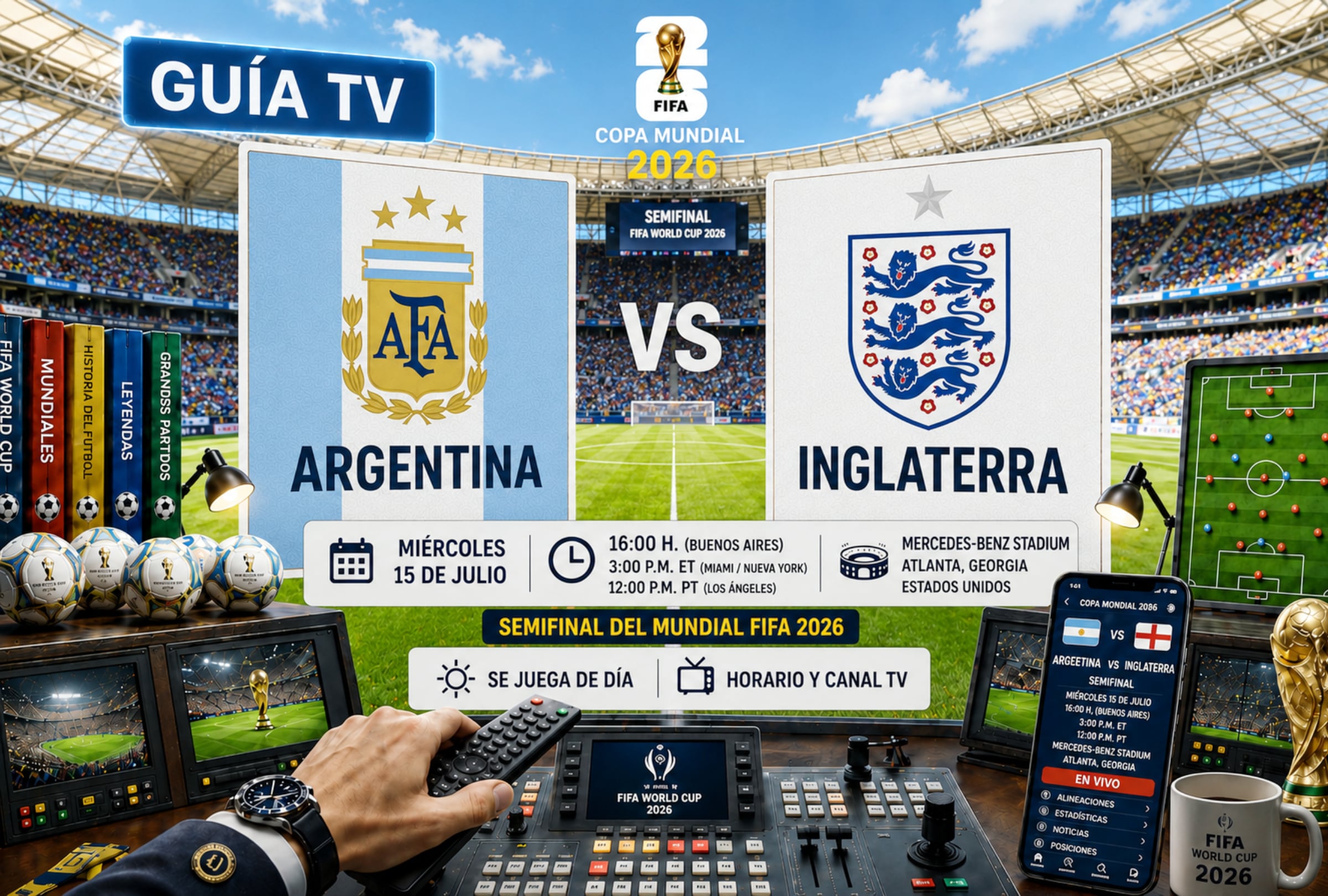 ATLANTA, GEORGIA (ESTADOS UNIDOS), 15/07/2026.- Lista de canales de televisión y servicios streaming para ver el partido Argentina vs. Inglaterra en vivo, online y en directo hoy por la semifinal del Mundial 2026 en el Mercedes Benz Stadium de Atlanta, Georgia. FOTO DE NOÉ YACTAYO