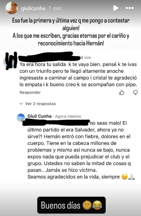La esposa de Hernán Barcos también subió esta historia de Instagram defendiendo al 'Pirata'. (Captura)