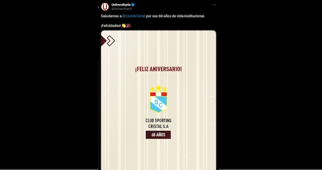 Universitario saludó a Sporting Cristal por su aniversario. (Foto: Twitter)
