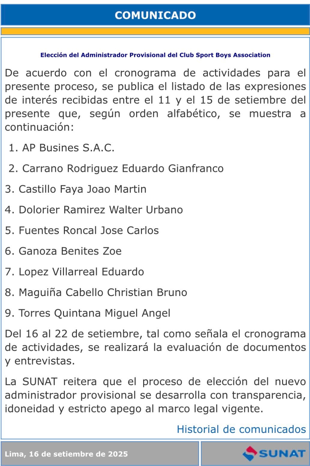 Documento oficial de SUNAT con la lista de postulantes a la administración de Sport Boys. (Captura)
