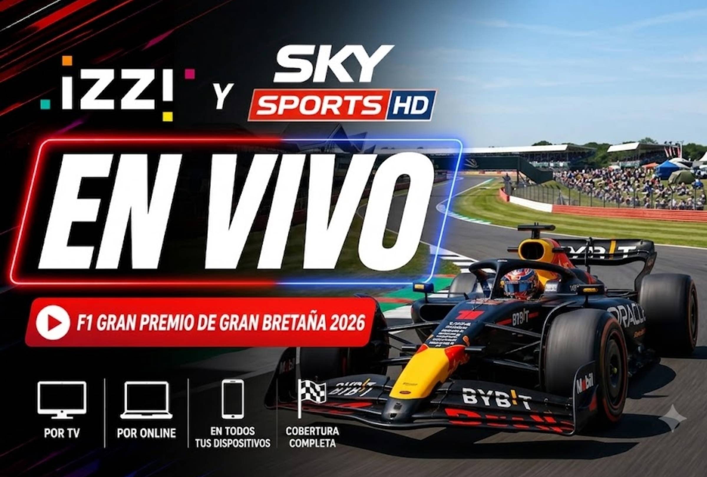 Silverstone, Northamptonshire, (Reino Unido), Canales para ver EN VIVO la F1 GP de Gran Bretaña 2026 desde el histórico Circuito de Silverstone. Imagen creada por Gemini.