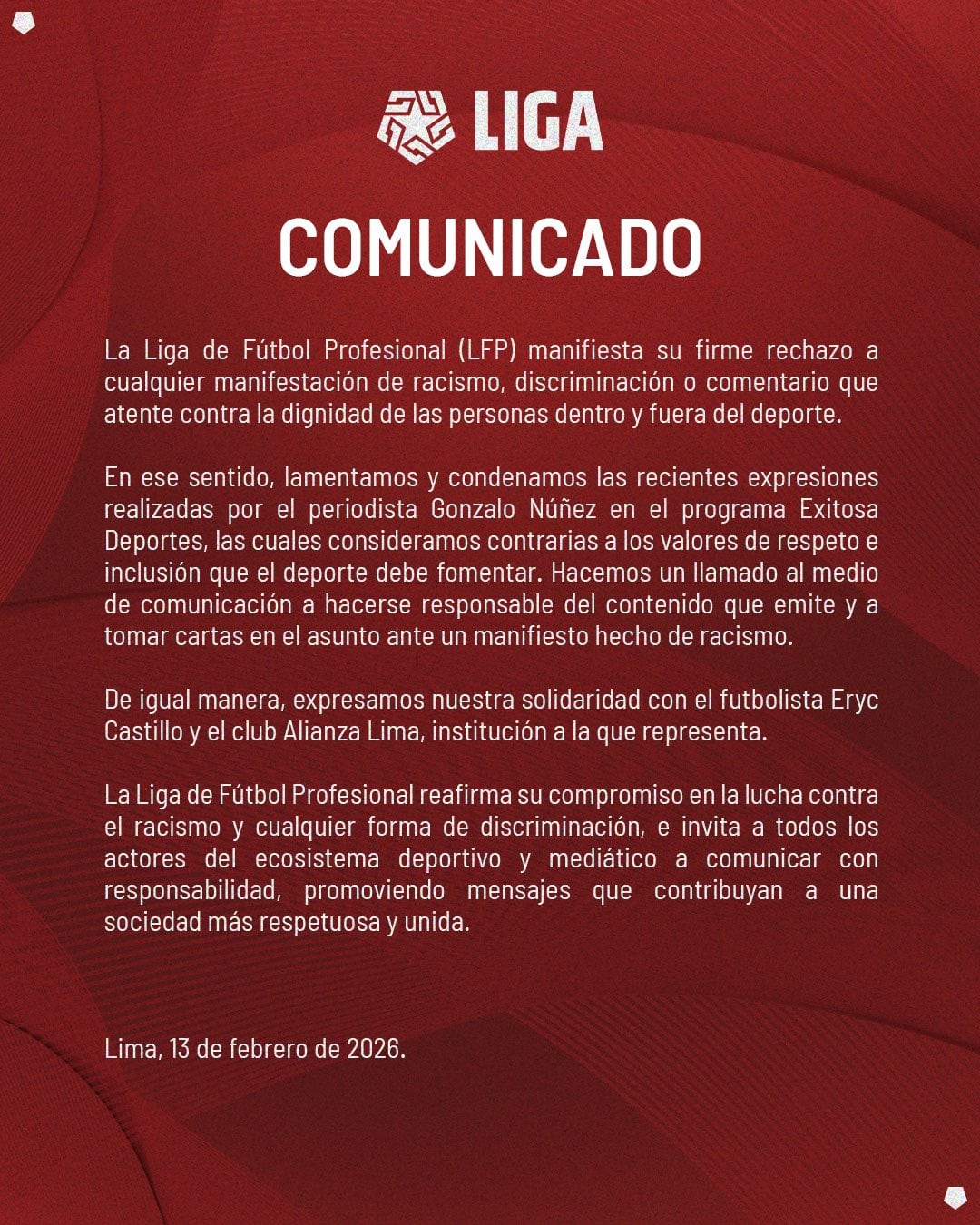 La Liga de Fútbol Profesional Peruana se pronunció sobre los comentarios racistas en contra de Eryc Castillo. (Imagen: LFP)