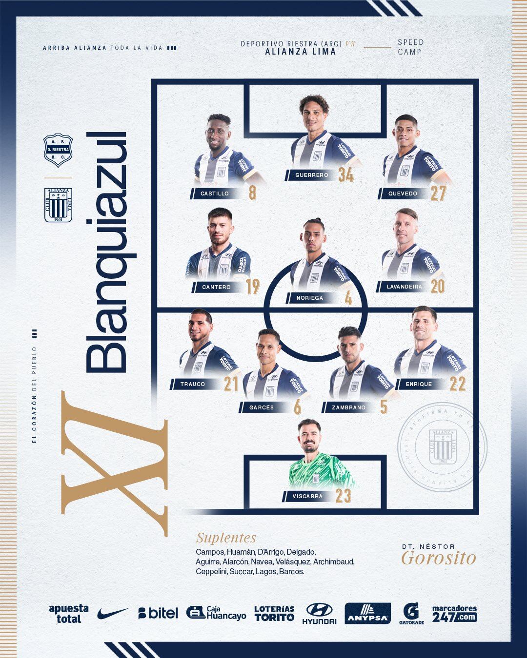 Alineación de Alianza Lima para jugar el primer partido de práctica ante Deportivo Riestra. (Foto: @ClubALoficial)