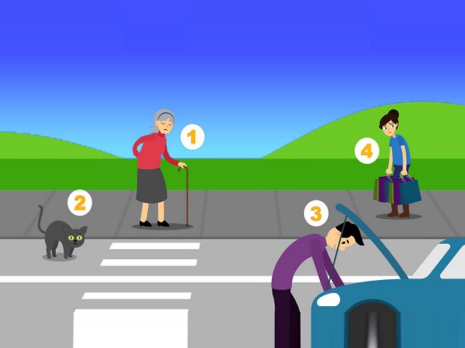 TEST VISUAL | Esta imagen te muestra a una anciana, un gato, un hombre y una mujer. Todos necesitan la ayuda de alguien. ¿A quién le darías la mano primero? (Foto: namastest.net)