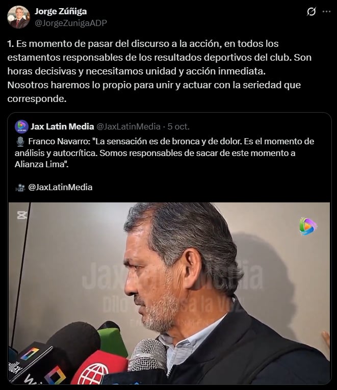 Jorge Zúñiga usó sus redes sociales para hablar sobre errores del cuadro 'blanquiazul. (Foto: Captura X)