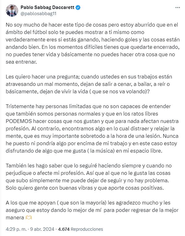 El mensaje de Pablo Sabbag en redes sociales. (Captura)