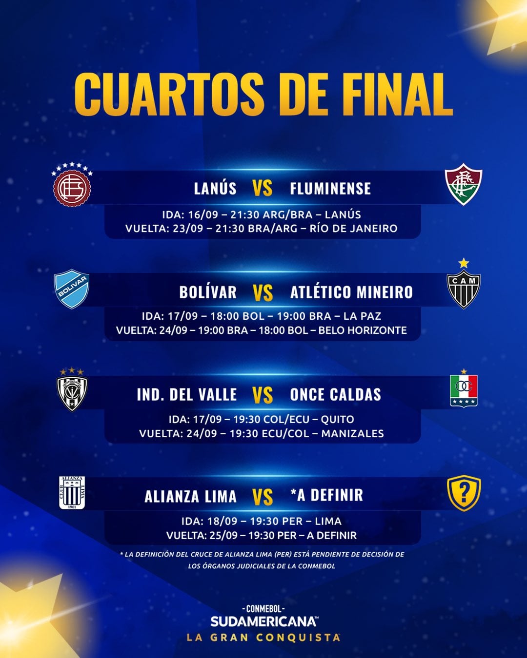Programación de cuartos de final de Copa Sudamericana con las fechas de los partidos de Alianza Lima, a la espera de confirmar rival. (Imagen: Conmebol)