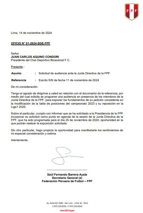 Repuesta de la FPF ante solicitud de Binacional de regresar a la primera división de la Liga 1. (Foto: FPF).