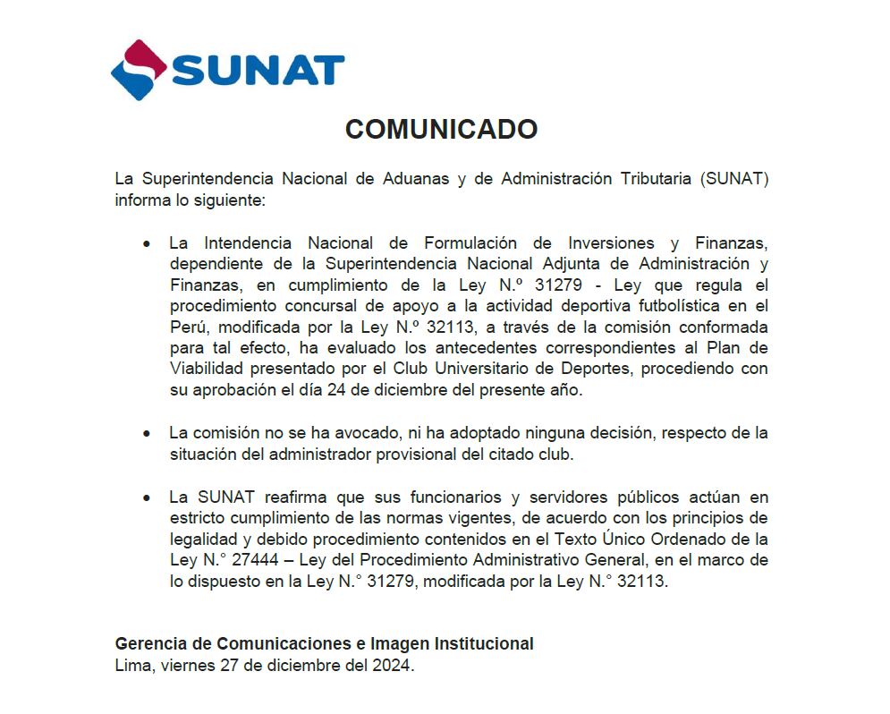 Comunicado de Sunat.