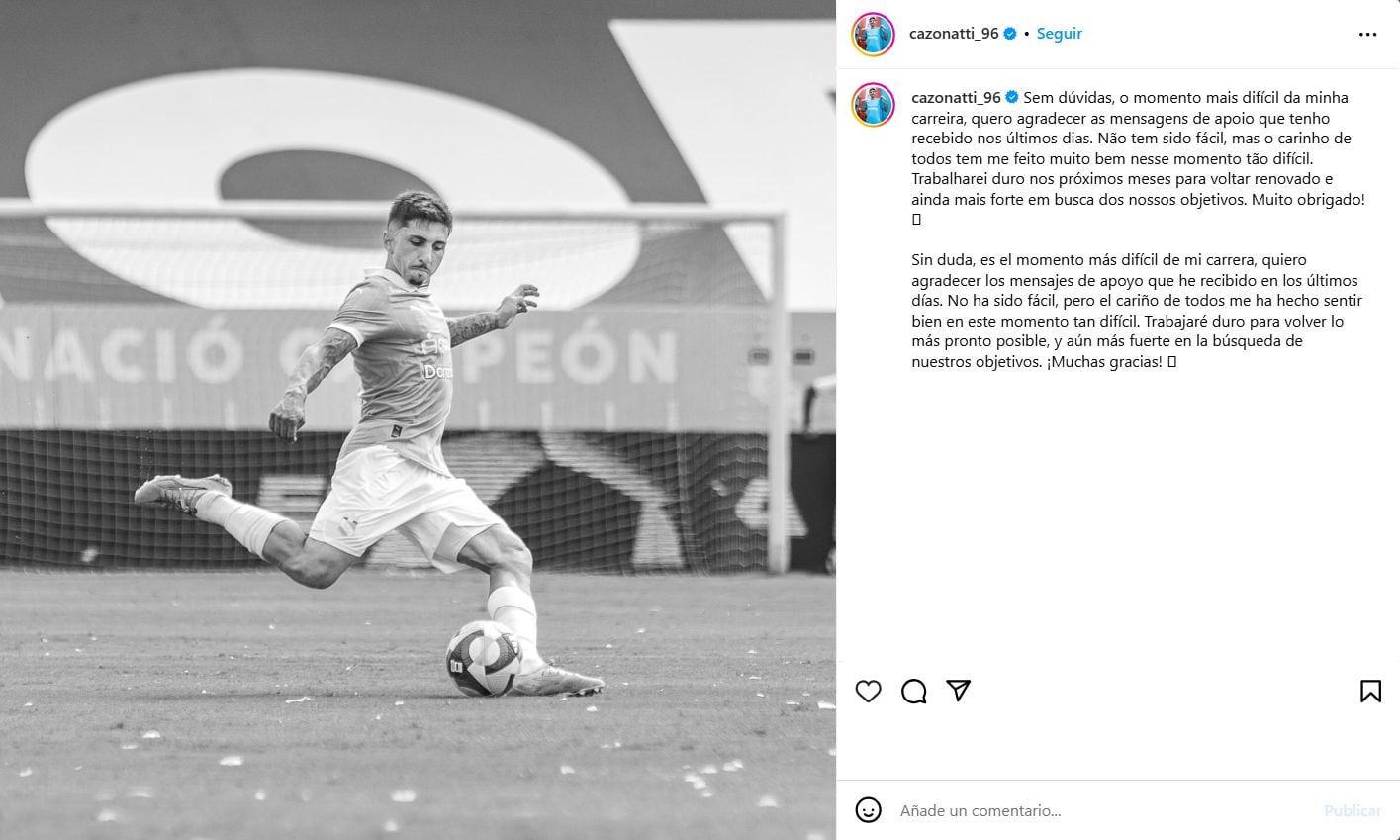 Mensaje de Gustavo Cazonatti en Instagram tras confirmarse su lesión en la rodilla derecha (Foto: cazonatti_96).